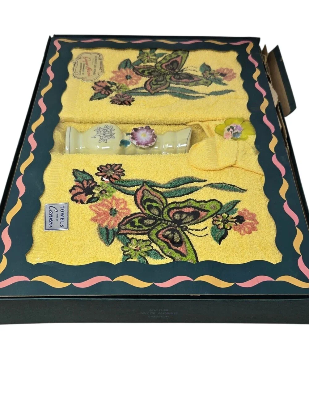 VTG Cannon Bath Towels Gift Set Butterflies Joyce Morris Vase NOS RARE READ